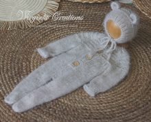 Load image into Gallery viewer, Knitted Newborn Footed Romper with Matching Bonnet | Photo Prop | Colours Available: Mushroom Beige; Light Grey; Mint | Teddy Bear Outfit | Ready to Send