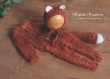 Load image into Gallery viewer, Burnt Orange Newborn Fox Footed Romper with Matching Bonnet| Soft, Fuzzy Yarn | Photography Prop | Ready to send