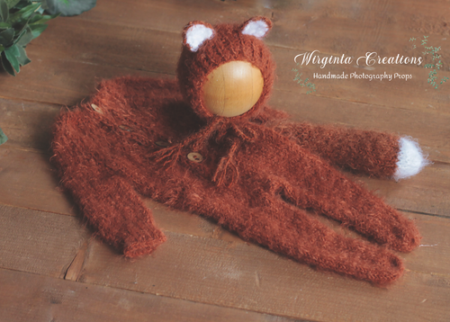 Burnt Orange Newborn Fox Footed Romper with Matching Bonnet| Soft, Fuzzy Yarn | Photography Prop | Ready to send