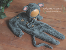 Load image into Gallery viewer, Newborn Mouse Bonnet and Footed Romper Set | Photo Prop | Grey Colour | Mouse Outfit | Ready to Send