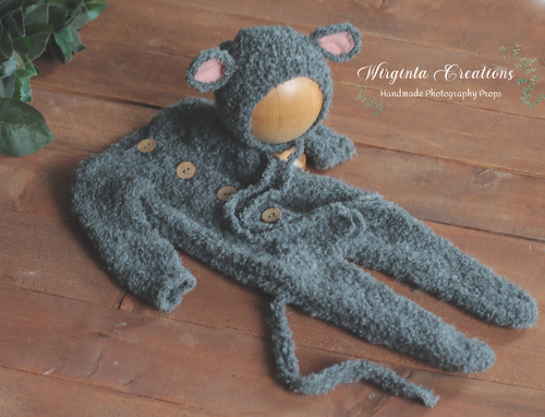 Newborn Mouse Bonnet and Footed Romper Set | Photo Prop | Grey Colour | Mouse Outfit | Ready to Send