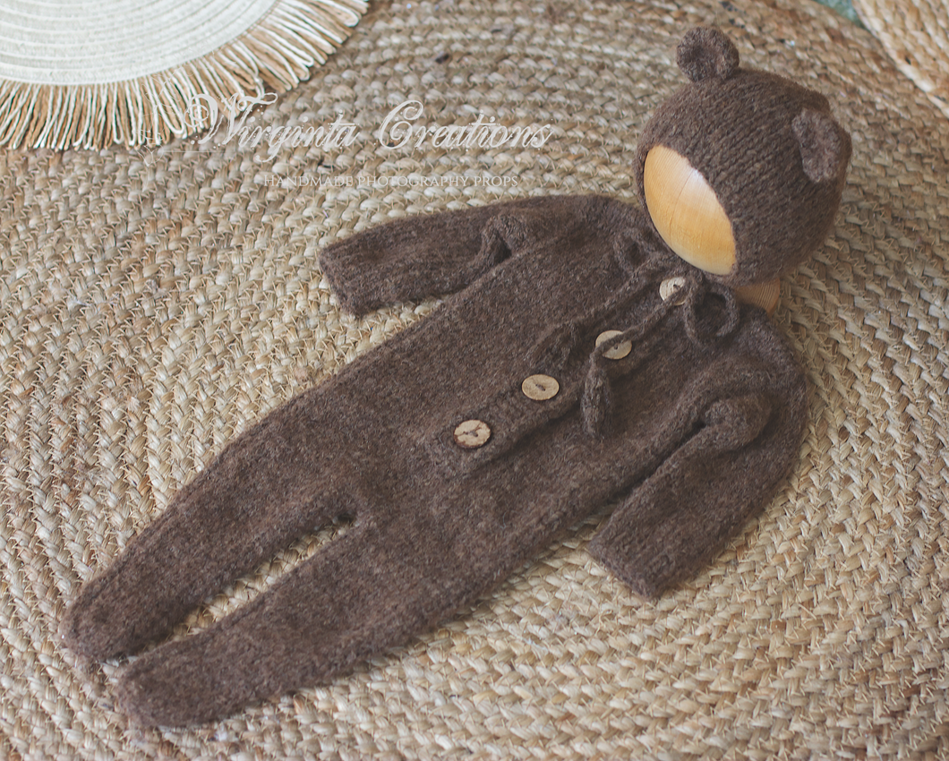 Newborn Footed Romper and Matching Bonnet | Photo Prop | Brown Colour | Knitted Teddy Bear Outfit | Ready to Send