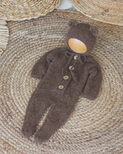 Load image into Gallery viewer, Newborn Footed Romper and Matching Bonnet | Photo Prop | Brown Colour | Knitted Teddy Bear Outfit | Ready to Send