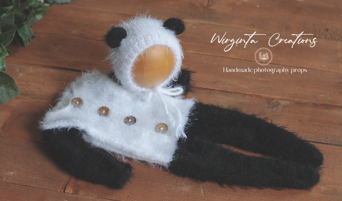 Newborn Footed Romper and Matching Panda Bear Bonnet | Photo Prop | Black and White Colour | Knitted | Ready to Send | Panda Toy Gift Included