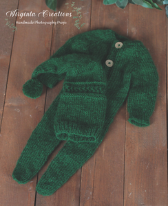 Green Knitted Newborn Footed Romper with Matching Bonnet | Photo Prop | Non-Fuzzy Yarn | Reay to Send