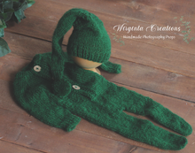 Load image into Gallery viewer, Green Knitted Newborn Footed Romper with Matching Bonnet | Photo Prop | Non-Fuzzy Yarn | Reay to Send