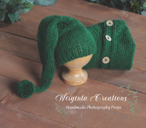 Green Knitted Newborn Footed Romper with Matching Bonnet | Photo Prop | Non-Fuzzy Yarn | Reay to Send