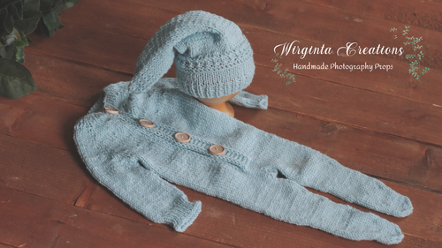 Baby Blue Knitted Newborn Footed Romper with Matching Bonnet | Photo Prop | Non-Fuzzy Yarn | Reay to Send