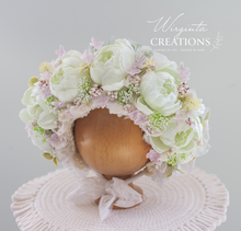 Load image into Gallery viewer, Flower Bonnet for 12-24 Months Old - White, Light Green, Pale Pink, Cream Colour - Handmade - Boho - Artificial Peonies Headpiece - Photo Prop