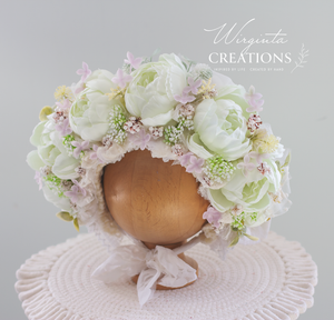 Flower Bonnet for 12-24 Months Old - White, Light Green, Pale Pink, Cream Colour - Handmade - Boho - Artificial Peonies Headpiece - Photo Prop