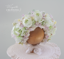 Load image into Gallery viewer, Flower Bonnet for 12-24 Months Old - White, Light Green, Pale Pink, Cream Colour - Handmade - Boho - Artificial Peonies Headpiece - Photo Prop