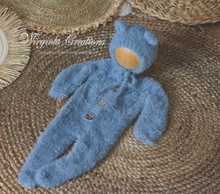 Load image into Gallery viewer, Newborn Footed Romper and Matching Bonnet | Photo Prop | Colours available: Blue, Brown | Knitted Teddy Bear Outfit | Ready to Send