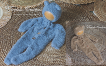 Load image into Gallery viewer, Newborn Footed Romper and Matching Bonnet | Photo Prop | Colours available: Blue, Brown | Knitted Teddy Bear Outfit | Ready to Send