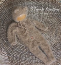 Load image into Gallery viewer, Newborn Footed Romper and Matching Bonnet | Photo Prop | Colours available: Blue, Brown | Knitted Teddy Bear Outfit | Ready to Send