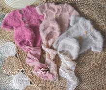 Load image into Gallery viewer, Knitted Newborn Outfit | Colours Available: Mushroom Beige, Darker Pink, Powder Pink | Handmade Romper and Matching Bonnet Set | Fuzzy Yarn | Ready to Send Photography Prop