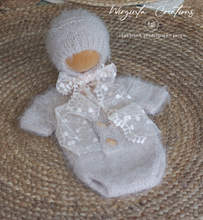 Load image into Gallery viewer, Knitted Newborn Outfit | Colours Available: Mushroom Beige, Darker Pink, Powder Pink | Handmade Romper and Matching Bonnet Set | Fuzzy Yarn | Ready to Send Photography Prop