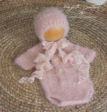 Load image into Gallery viewer, Knitted Newborn Outfit | Colours Available: Mushroom Beige, Darker Pink, Powder Pink | Handmade Romper and Matching Bonnet Set | Fuzzy Yarn | Ready to Send Photography Prop