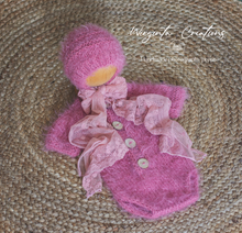 Load image into Gallery viewer, Knitted Newborn Outfit | Colours Available: Mushroom Beige, Darker Pink, Powder Pink | Handmade Romper and Matching Bonnet Set | Fuzzy Yarn | Ready to Send Photography Prop