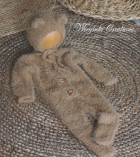 Load image into Gallery viewer, Newborn Footed Romper and Matching Bonnet | Photo Prop | Colours available: Blue, Brown | Knitted Teddy Bear Outfit | Ready to Send