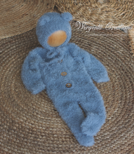 Load image into Gallery viewer, Newborn Footed Romper and Matching Bonnet | Photo Prop | Colours available: Blue, Brown | Knitted Teddy Bear Outfit | Ready to Send