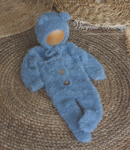 Newborn Footed Romper and Matching Bonnet | Photo Prop | Colours available: Blue, Brown | Knitted Teddy Bear Outfit | Ready to Send