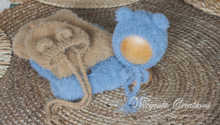 Load image into Gallery viewer, Newborn Footed Romper and Matching Bonnet | Photo Prop | Colours available: Blue, Brown | Knitted Teddy Bear Outfit | Ready to Send