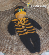 Load image into Gallery viewer, Newborn Bee Outfit with Matching Bonnet | Soft Yarn | Colours: Black, Yellow | Photography Prop