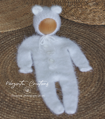 Newborn Footed Romper and Matching Bonnet | Photo Prop | White Colour | Knitted Teddy Bear Outfit | Ready to Send