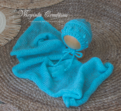 Newborn set | Turquoise | Knitted Wrap and Bonnet | Ready to Send