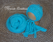 Load image into Gallery viewer, Newborn set | Turquoise | Knitted Wrap and Bonnet | Ready to Send