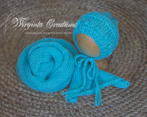 Newborn set | Turquoise | Knitted Wrap and Bonnet | Ready to Send