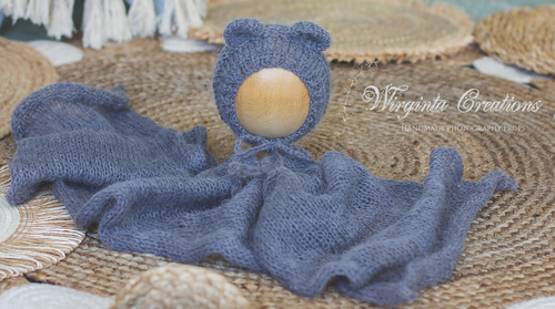 Newborn set | Grey | Knitted Wrap and Teddy Bear Bonnet | Ready to Send