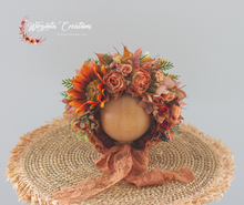 Load image into Gallery viewer, Flower Bonnet for Newborns (0-3 Months) | Photography Headpiece | Autumn Colours | Ready to Send