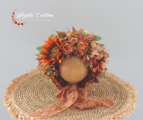 Flower Bonnet for Newborns (0-3 Months) | Photography Headpiece | Autumn Colours | Ready to Send