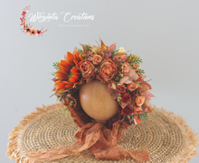 Load image into Gallery viewer, Flower Bonnet for Newborns (0-3 Months) | Photography Headpiece | Autumn Colours | Ready to Send