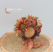 Load image into Gallery viewer, Flower Bonnet for Newborns (0-3 Months) | Photography Headpiece | Autumn Colours | Ready to Send