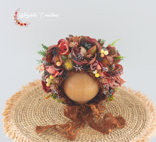 Load image into Gallery viewer, Flower Bonnet for Newborns (0-3 Months) | Photography Headpiece | Autumn Colours | Ready to Send