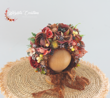 Load image into Gallery viewer, Flower Bonnet for Newborns (0-3 Months) | Photography Headpiece | Autumn Colours | Ready to Send