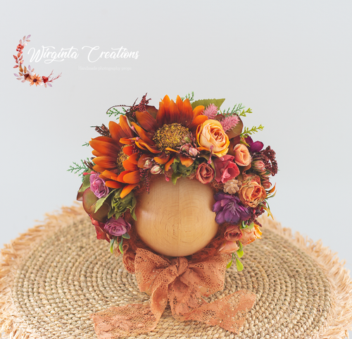 Flower Bonnet for Newborns (0-3 Months) | Photography Headpiece | Autumn Colours | Ready to Send