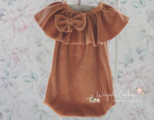 Load image into Gallery viewer, Flower Bonnet and Matching Romper Set for 12-24 Months Old | Light Brown, Camel Brown Colour | Velour Fabric | Photography Prop Outfit