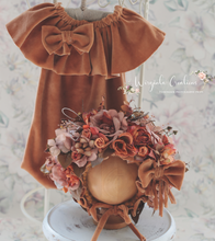 Load image into Gallery viewer, Flower Bonnet and Matching Romper Set for 12-24 Months Old | Light Brown, Camel Brown Colour | Velour Fabric | Photography Prop Outfit