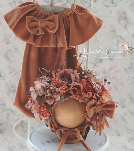 Flower Bonnet and Matching Romper Set for 12-24 Months Old | Light Brown, Camel Brown Colour | Velour Fabric | Photography Prop Outfit