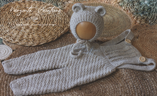 Load image into Gallery viewer, Teddy Bear Outfit | Bonnet and Matching Dungarees Set | Size 9-18 Months Old | Ecru White Colour | Knitted | Photography prop