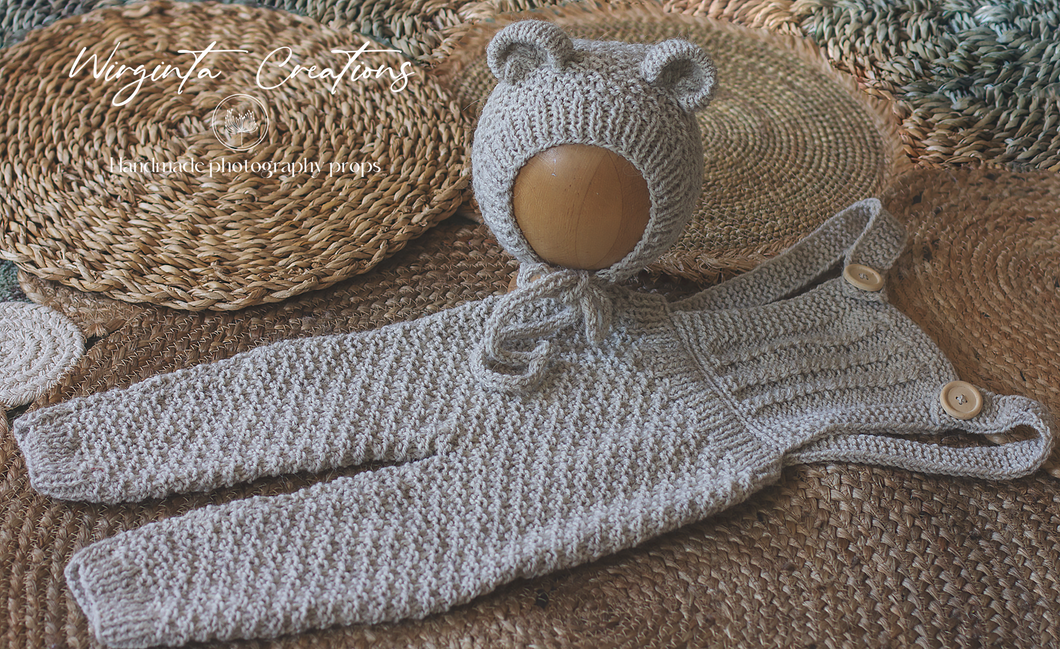 Teddy Bear Outfit | Bonnet and Matching Dungarees Set | Size 9-18 Months Old | Ecru White Colour | Knitted | Photography prop