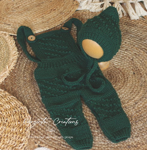 Bonnet and Matching Dungarees Set | Size 9-18 Months Old | Dark Green Colour | Knitted | Photography prop