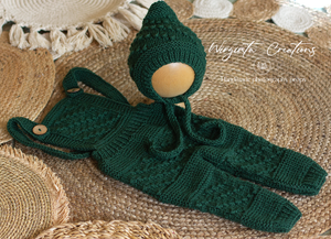 Bonnet and Matching Dungarees Set | Size 9-18 Months Old | Dark Green Colour | Knitted | Photography prop