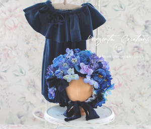 Flower Bonnet and Matching outfit for 12-24 months old. Dark Blue, Navy