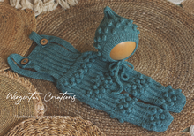 Load image into Gallery viewer, Bonnet and Matching Dungarees Set | Size 9-18 Months Old | Teal Colour | Knitted | Photography prop