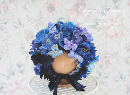 Navy Blue Flower Bonnet for 12-24 Months Old | Artificial Flower Headpiece | Photography Prop | Handmade Prop