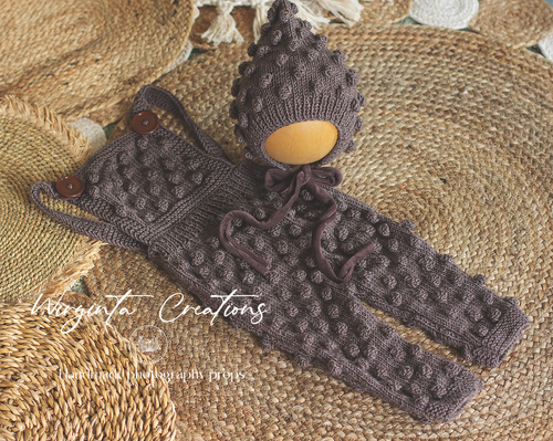 Bonnet and Matching Dungarees Set | Size 18-24 Months Old | Brown Colour | Knitted | Photography prop